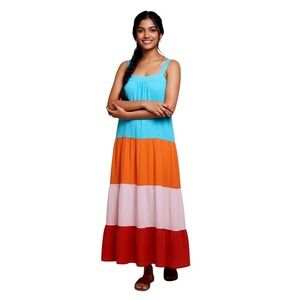 Aura Tiered  Maxi Dress Size M Blue Orange Pink Red Boho Smocked Casual Beach